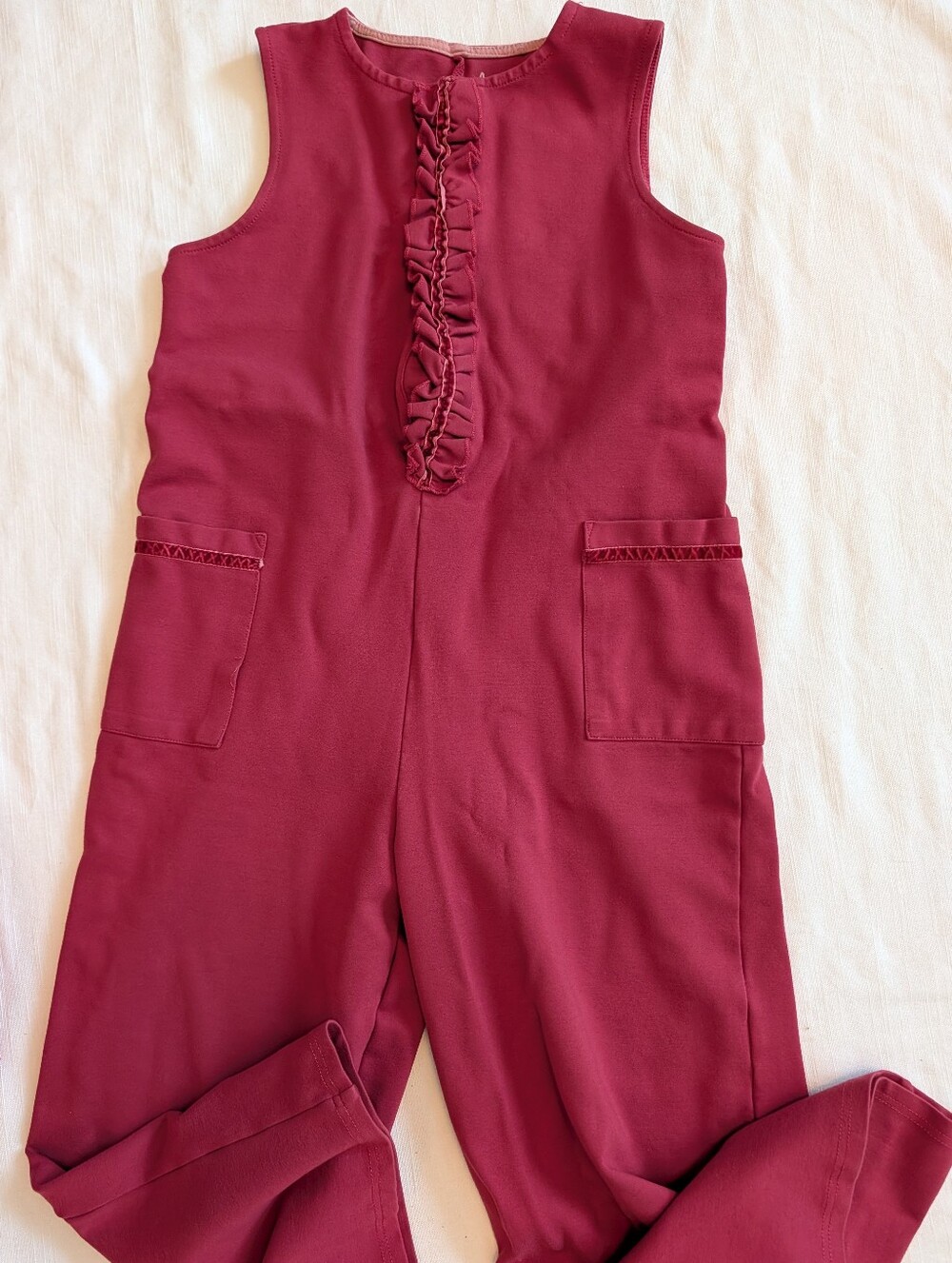 Mini Boden Sleeveless Ruffle-Front Jumpsuit in Burgundy